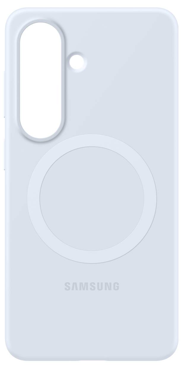 Un case per telefono Samsung azzurro chiaro con un'area circolare compatibile con MagSafe sul retro, progettato per adattarsi a configurazioni fotocamera specifiche.