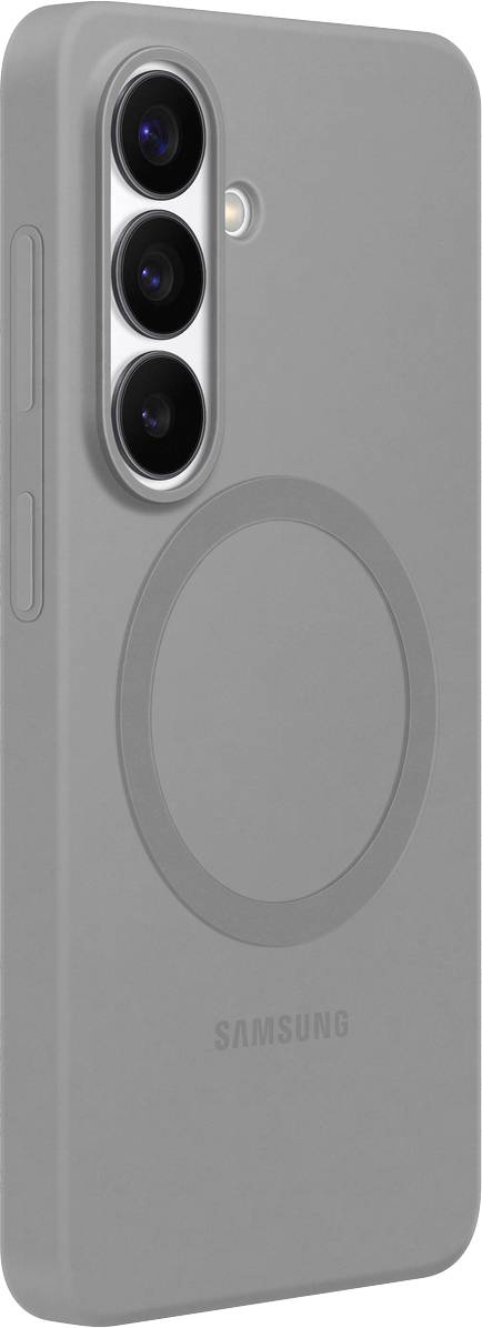 Una custodia per smartphone grigia con tre obiettivi fotocamera posteriori, caratterizzata da un design circolare sul retro, compatibile con la tecnologia MagSafe.