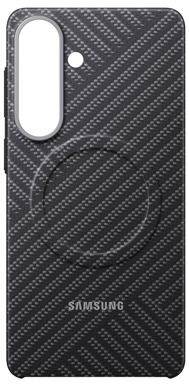 Custodia per telefono Samsung nera con motivo in fibra di carbonio testurizzato, caratterizzata da un ampio ritaglio per la fotocamera e un sottile branding vicino al bordo inferiore.