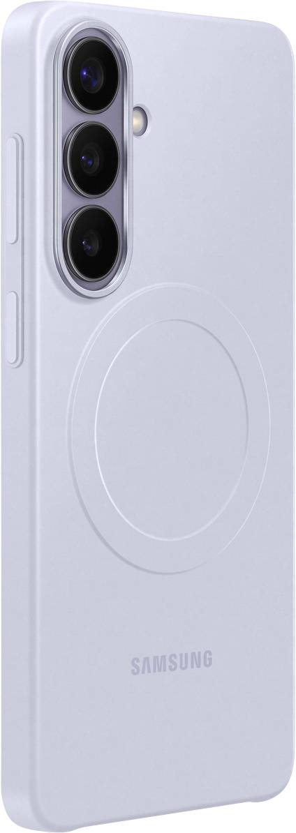 Una custodia per telefono Samsung grigio chiaro con tre ritagli per la fotocamera e un design circolare sul retro. Adatta a un modello di telefono pieghevole.