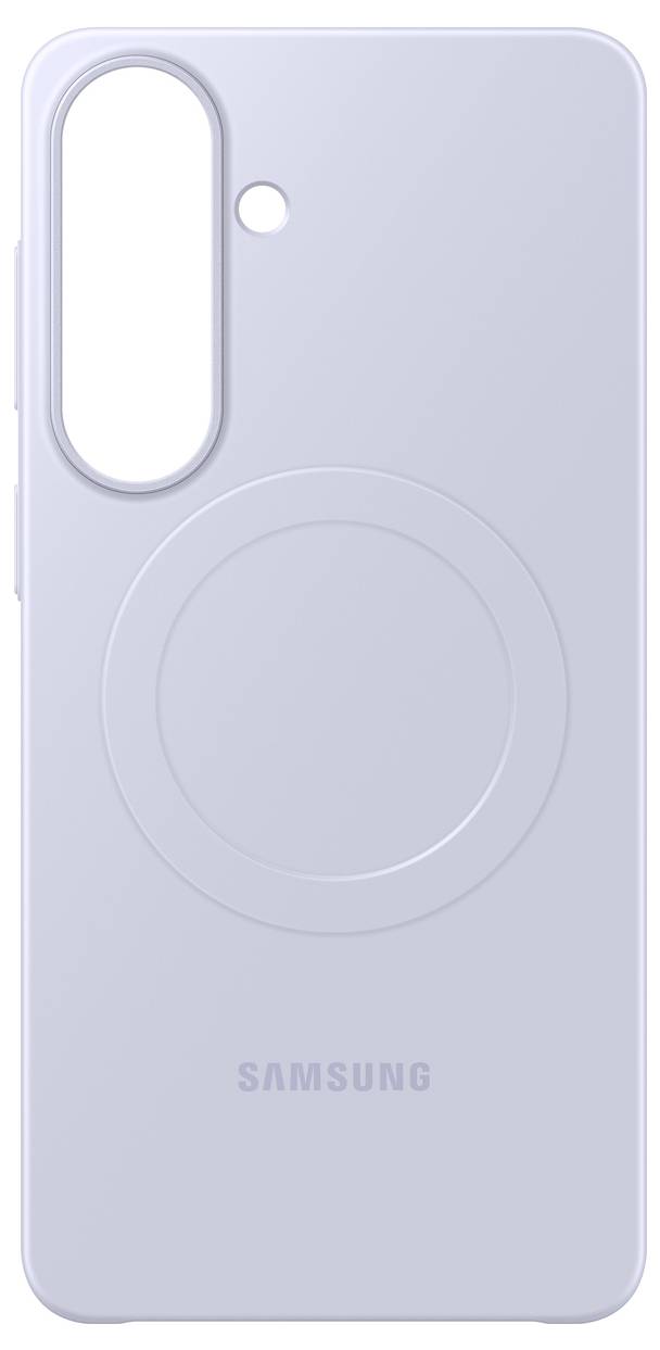 Un case per smartphone Samsung bianco con un profilo MagSafe circolare e un ritaglio per la fotocamera nell'angolo in alto a sinistra.