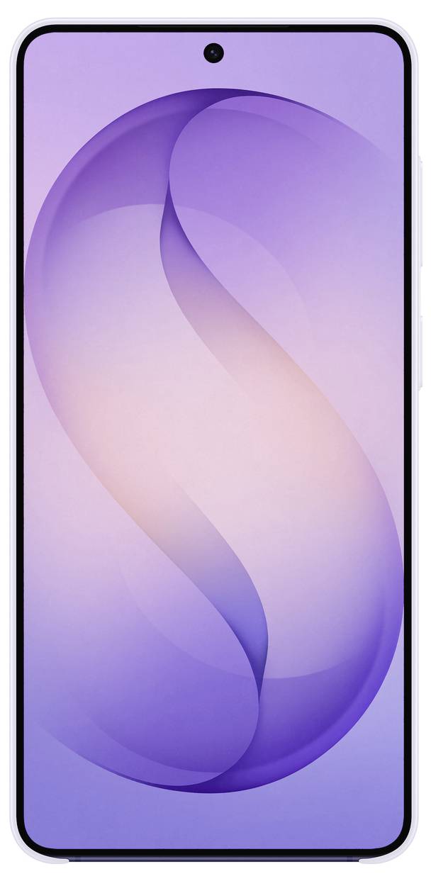 Uno smartphone con un display senza soluzione di continuità da bordo a bordo e sottili sfumature viola sullo schermo, caratterizzato da una fotocamera anteriore al centro nella parte superiore.
