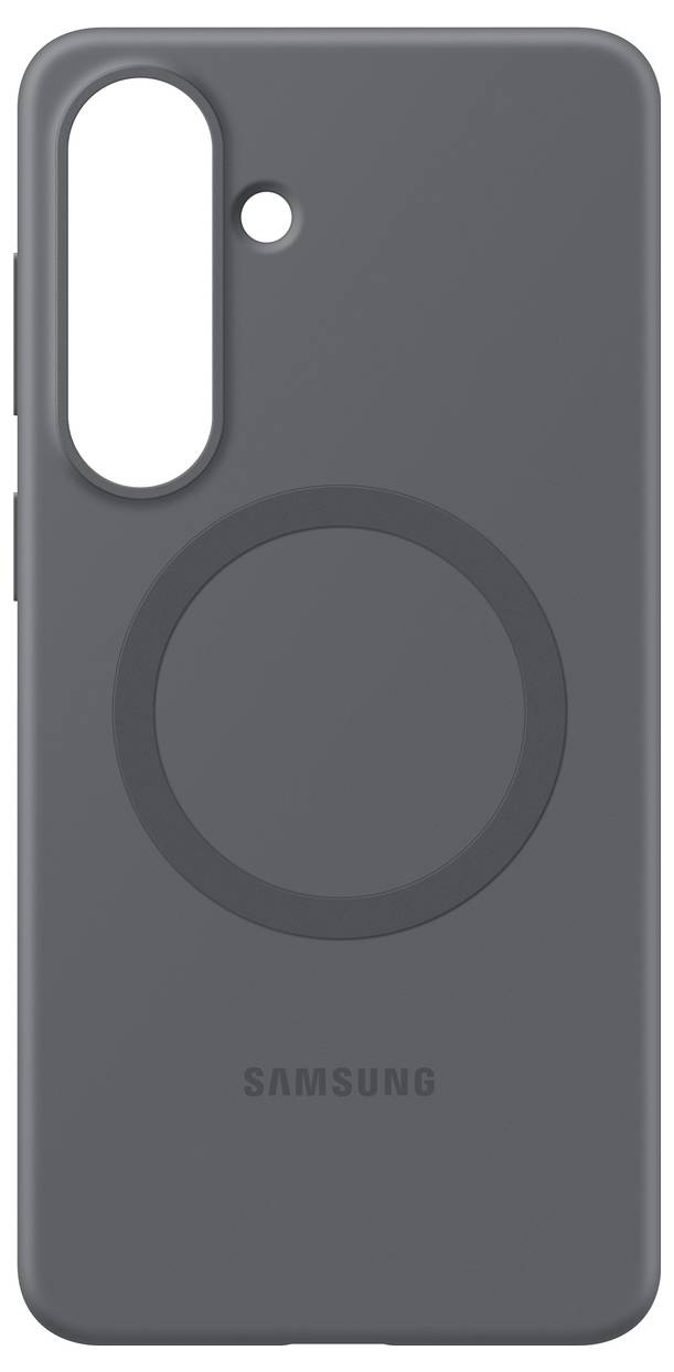 Una custodia per telefono Samsung in grigio scuro con un design circolare sul retro, progettata per la protezione e lo stile.