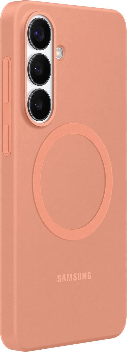 'Custodia per telefono Samsung arancione con ritaglio per fotocamera e design circolare sul retro.'