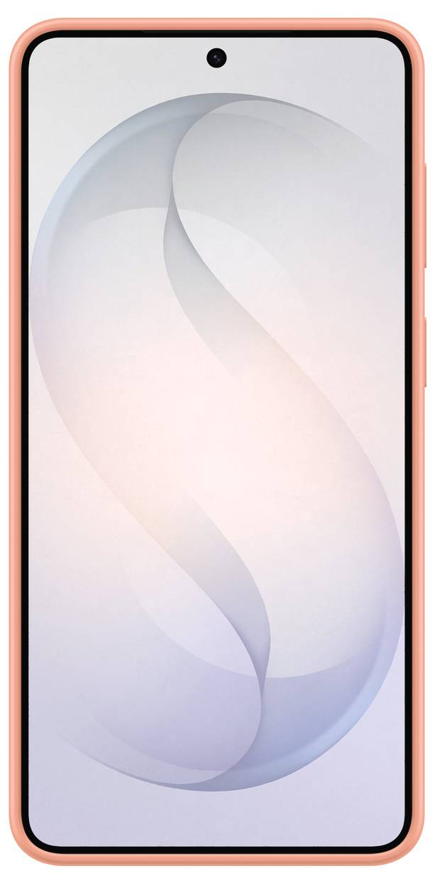 Uno smartphone con display a schermo intero, cornici minime e una singola fotocamera anteriore centrata nella parte superiore. Lo schermo mostra un design astratto delicato.