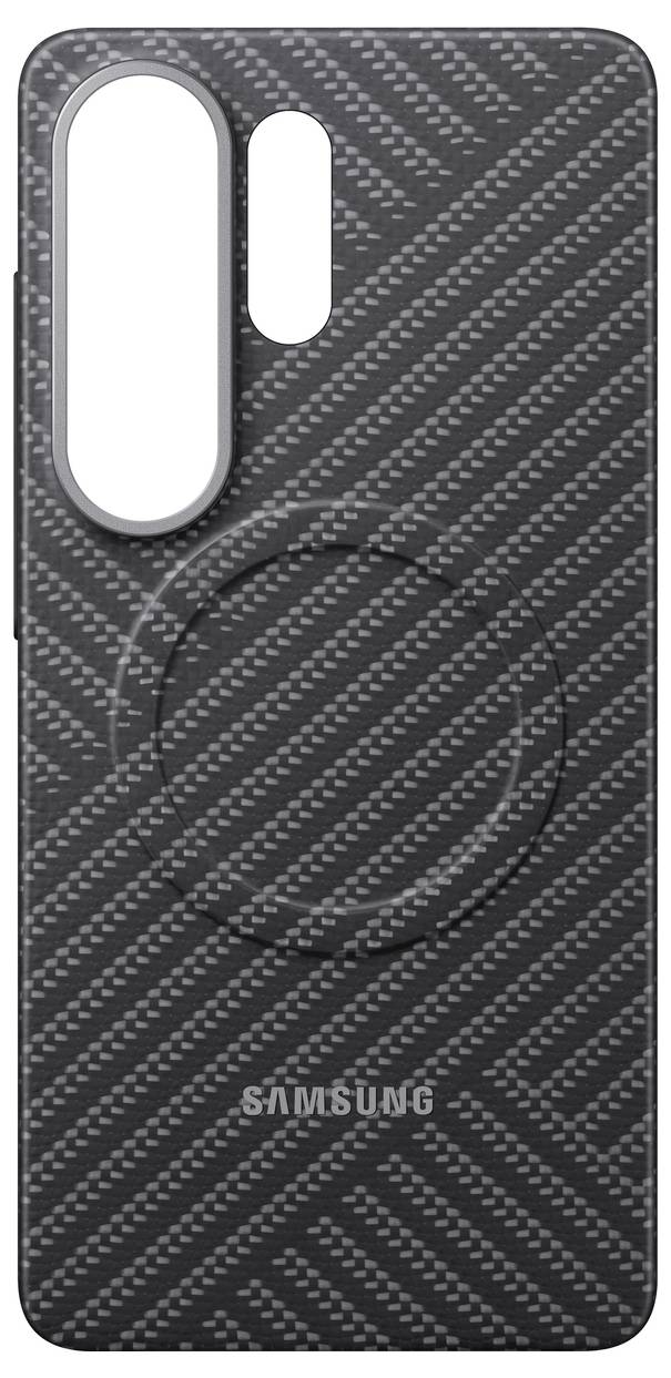 Un case per telefono Samsung nero con trama con due aperture per la fotocamera e il logo "Samsung" in basso.