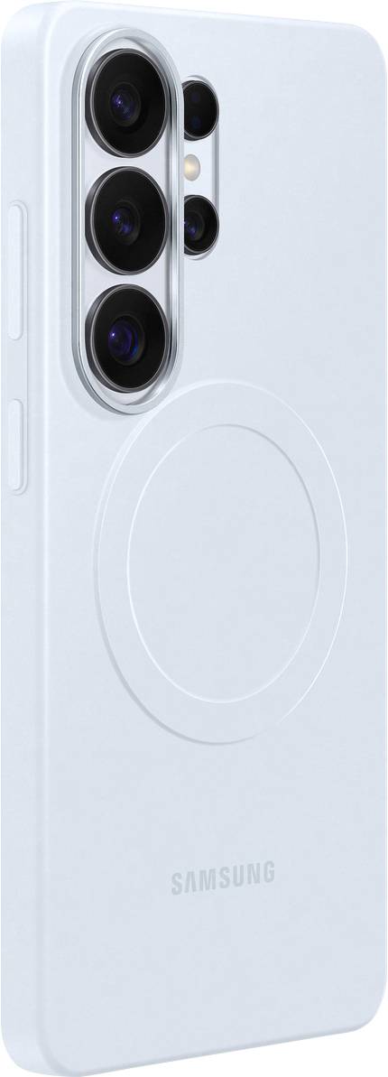 Una custodia per telefono Samsung blu chiaro con quattro ritagli per fotocamera posteriore e un design circolare, vista da dietro.