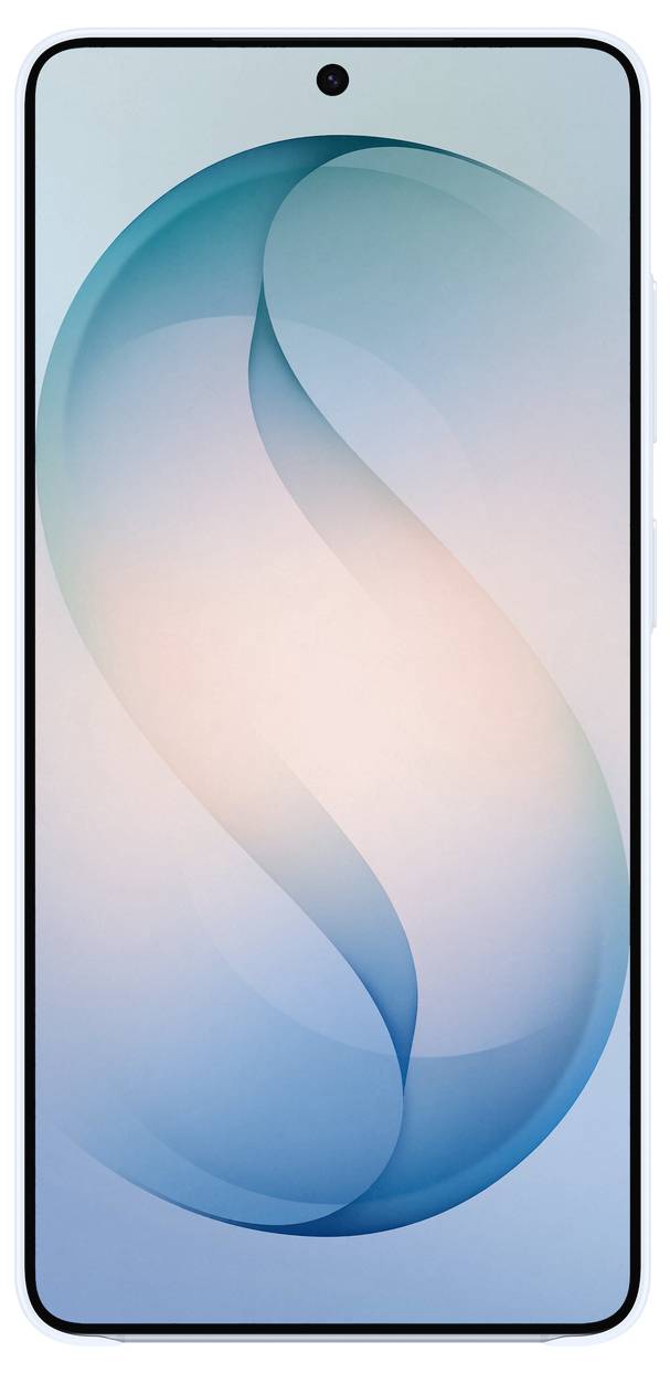 Uno smartphone con display a schermo intero e una fotocamera frontale posizionata al centro. Lo schermo mostra un design astratto blu e rosa.