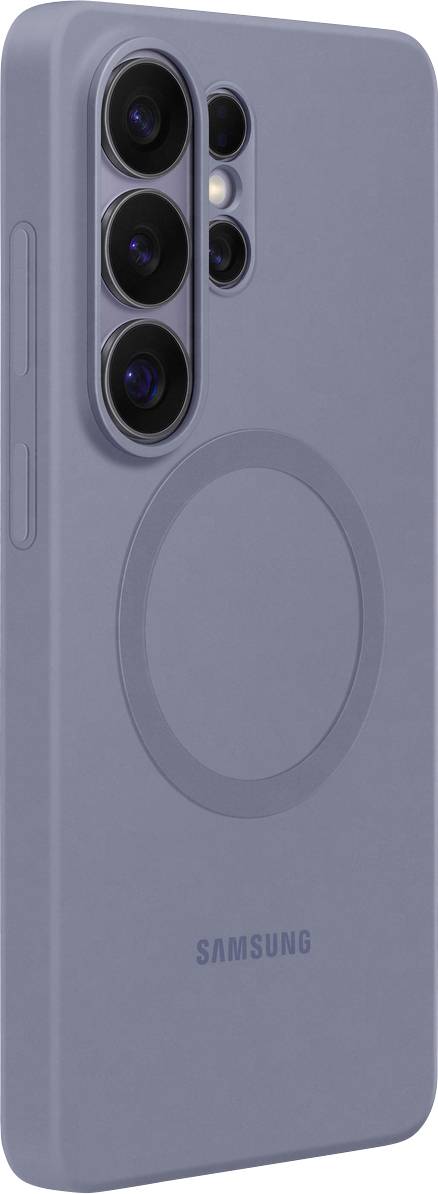 Uno smartphone in un elegante custodia grigia con multiple fotocamere posteriori e il nome del marchio 'Samsung' visibile sul retro.