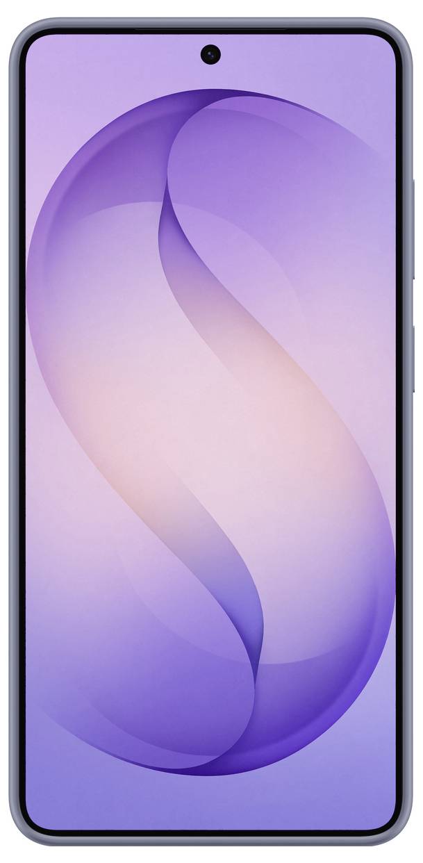Uno smartphone con schermo sfumato viola che mostra un motivo stilizzato a forma di 'S' su uno sfondo chiaro, incorniciato in una sottile cornice grigia.