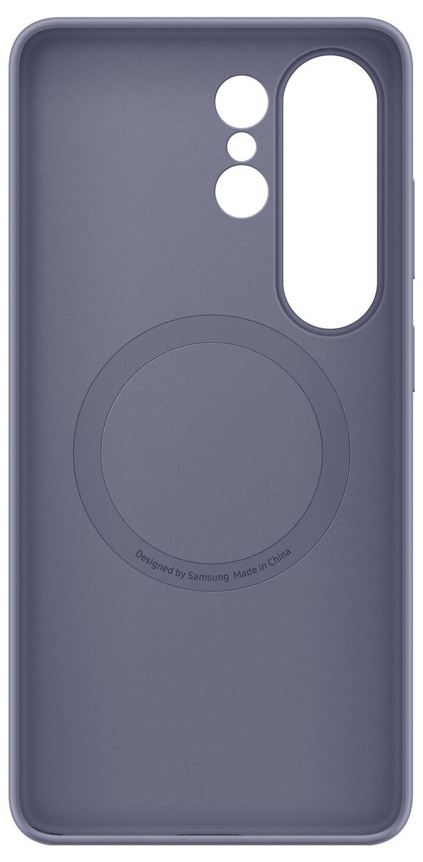 Una custodia per smartphone grigio scuro con ritagli per la fotocamera e un motivo circolare progettato per la ricarica wireless.