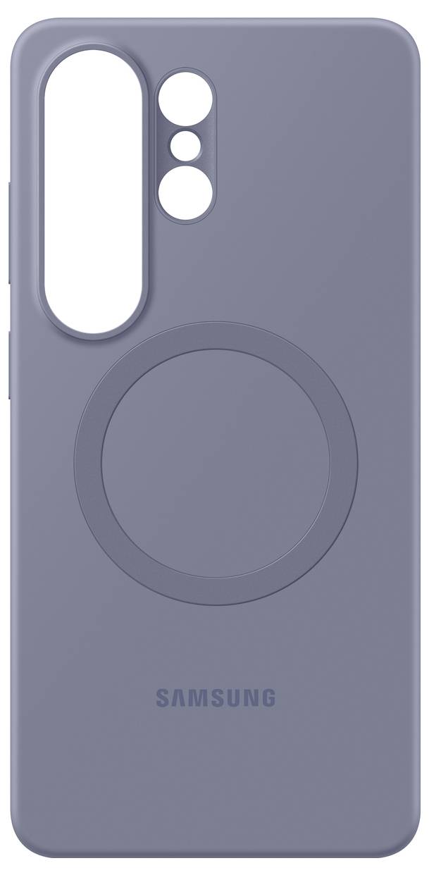 Un'custodia grigia per telefono Samsung con due aperture circolari nella parte superiore per le fotocamere e un'impronta circolare al centro.