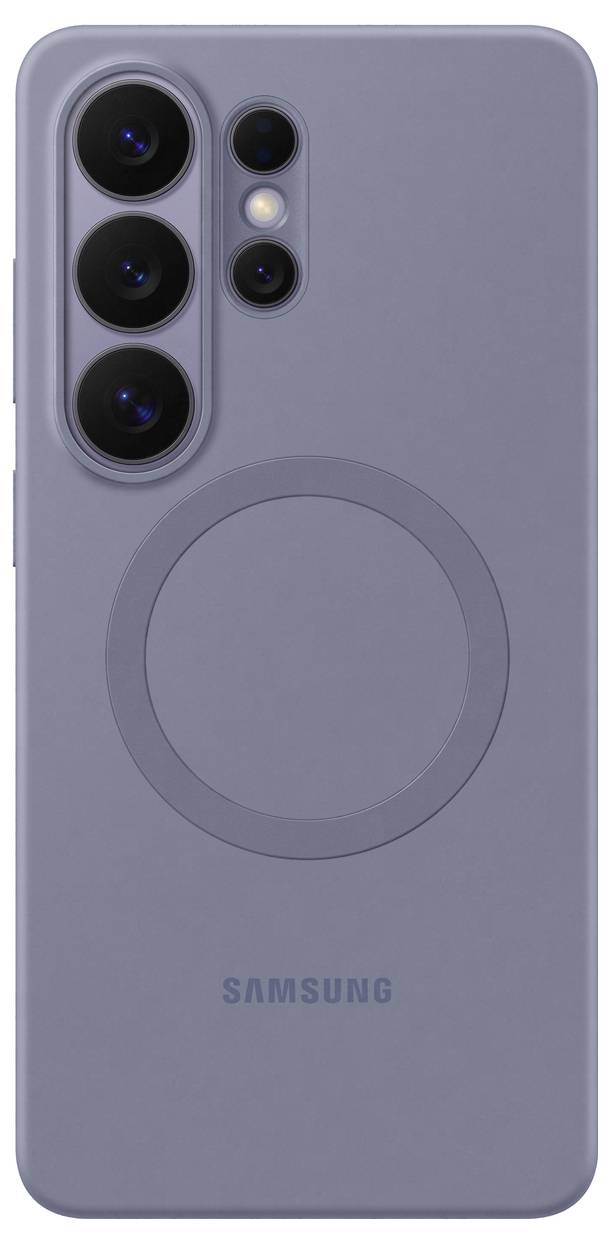 Uno smartphone Samsung con tre fotocamere posteriori e un design circolare sul retro, posizionato su uno sfondo neutro.