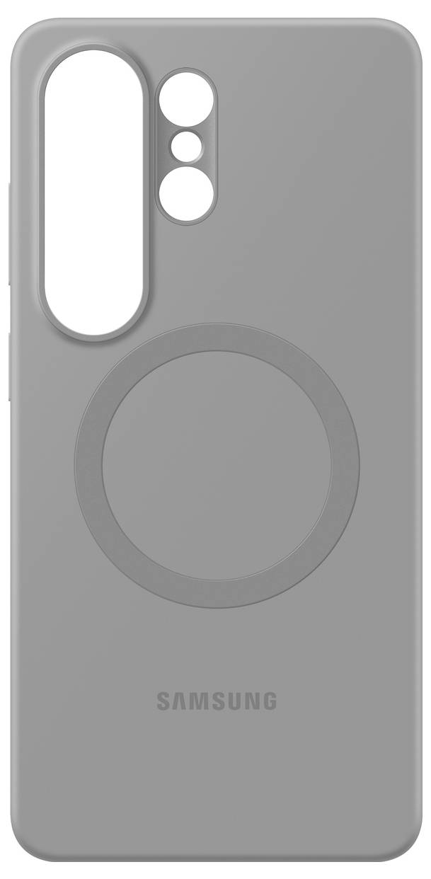 Una custodia grigia per telefono Samsung con un'area di attacco circolare simile a MagSafe sul retro per una compatibilità migliorata degli accessori.