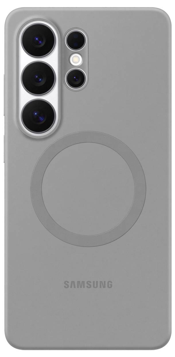 Custodia per smartphone Samsung grigia con tre fori per le fotocamere e un design circolare rialzato al centro, vista da dietro.