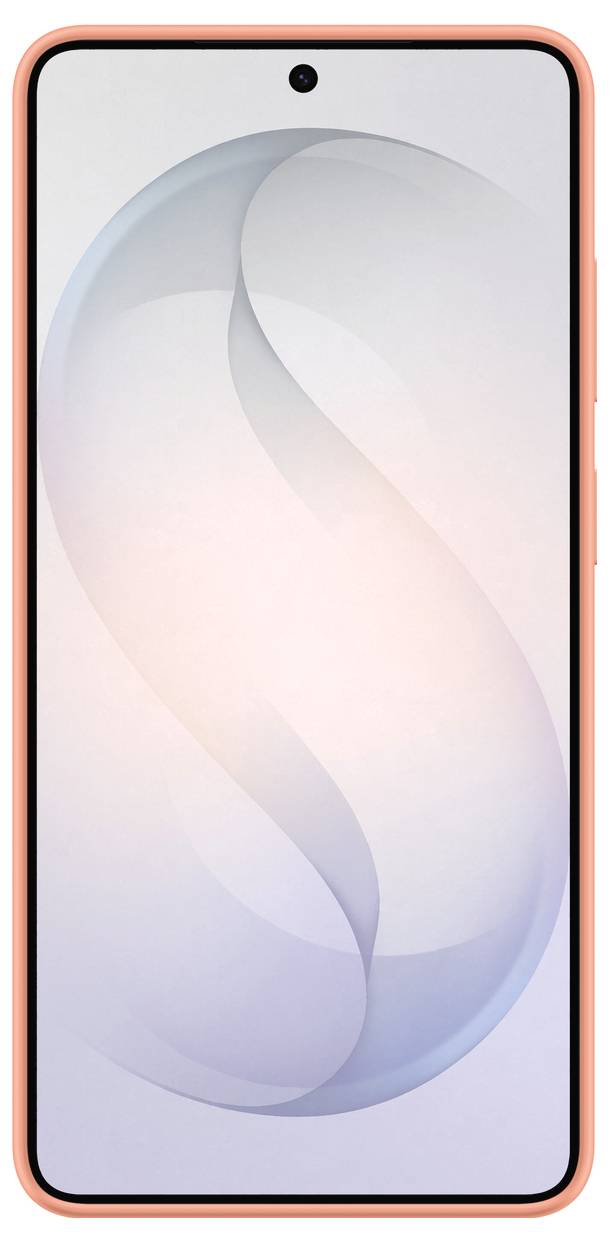 Smartphone con una sottile cornice arancione e uno sfondo con un vortice sfumato sullo schermo. La fotocamera frontale è posizionata al centro superiore.