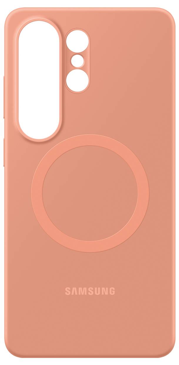 Un case per telefono Samsung di colore pesca con ritagli per le lenti e un design con presa circolare.