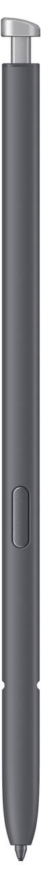 Una penna digitale elegante e grigio scuro con una finitura metallica, caratterizzata da un pulsante centrale prominente e cliccabile.