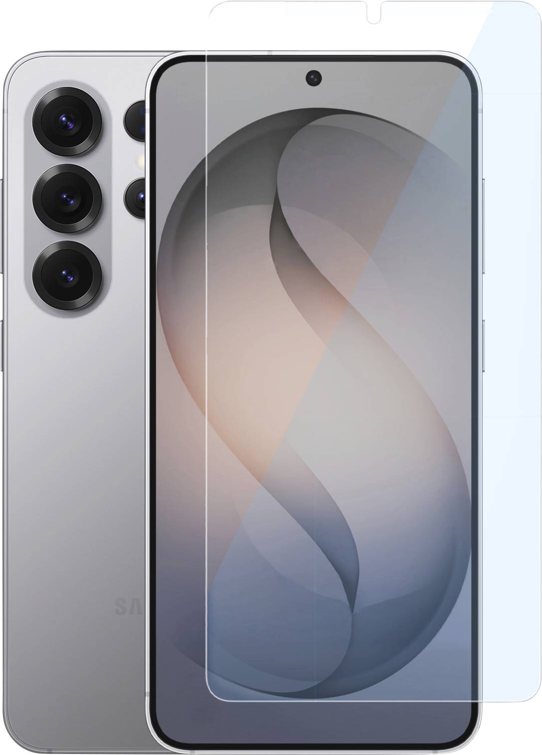 Smartphone con fotocamera quadrupla sul retro, colore grigio, insieme a una pellicola protettiva dello schermo. Il display mostra un design astratto sottile.