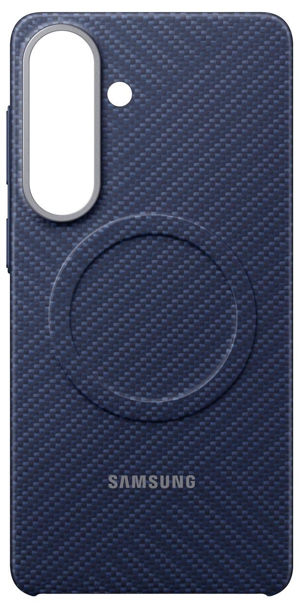 Custodia per Samsung Galaxy in blu, con design strutturato caratterizzato da motivo circolare, apertura per la fotocamera e logo centrato nella parte inferiore.