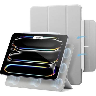 Un tablet con un design colorato e riflettente è esposto con una custodia folio grigia. Uno stilo è mostrato attaccato al lato della custodia.