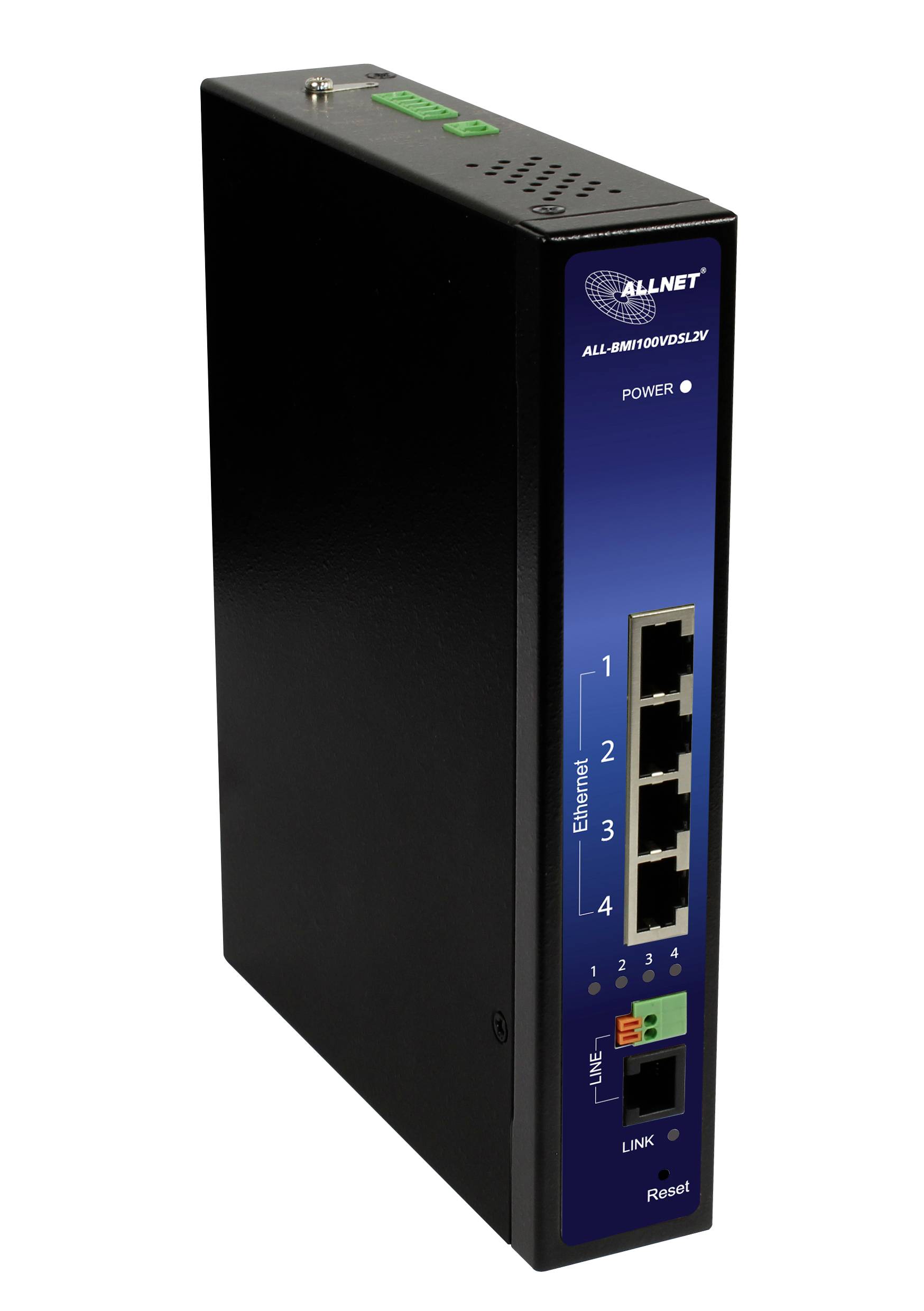 Uno switch di rete nero e blu con cinque porte Ethernet e luci indicatrici, utilizzato per gestire le connessioni di rete in una configurazione.