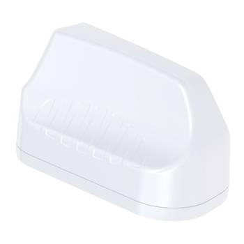 Un porta-sapone in plastica bianca con design inclinato e scanalature per lo scolo, adatto all'uso in bagno o in cucina.