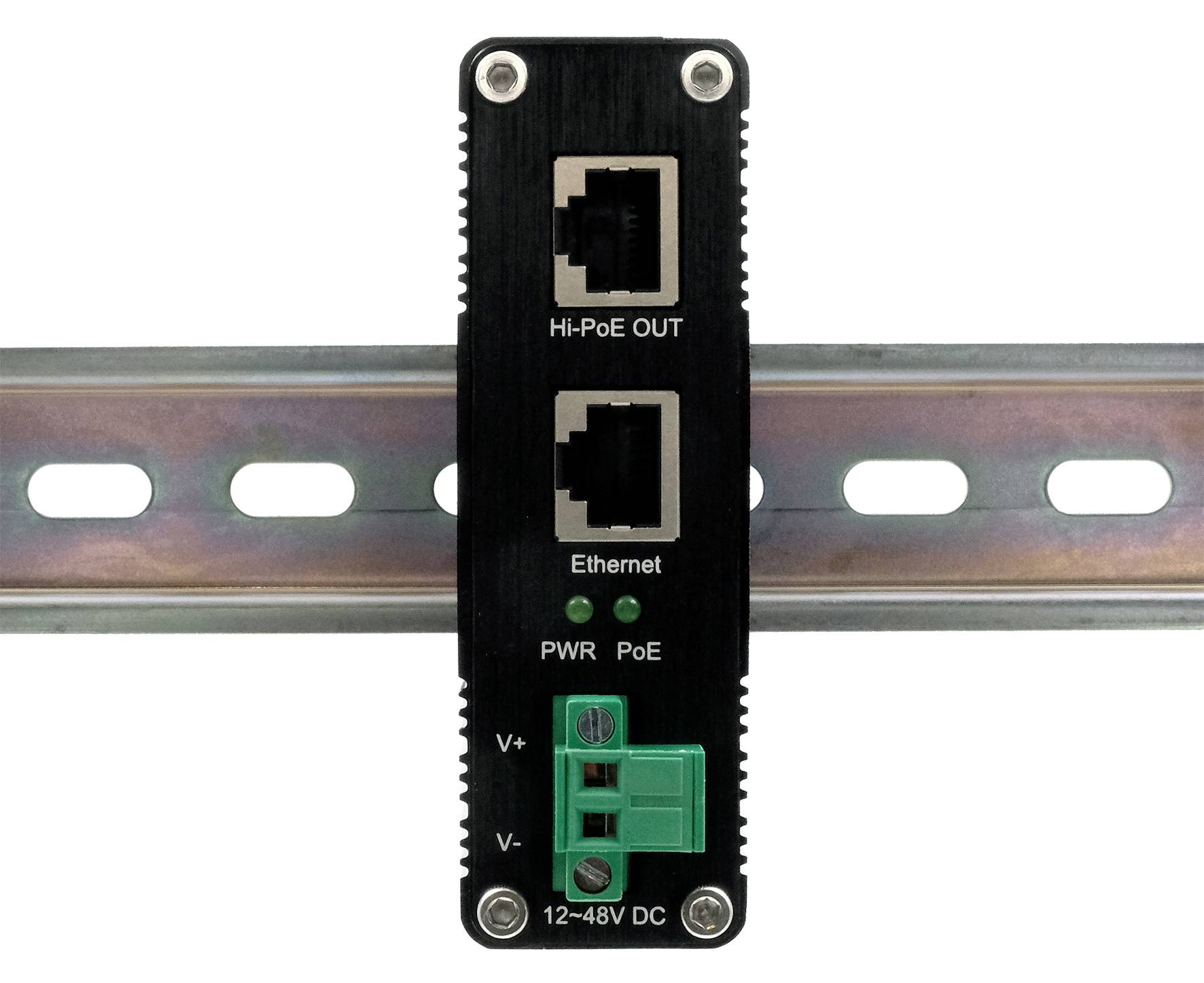 Un dispositivo nero montato su una guida in metallo presenta due porte di rete etichettate "Hi-PoE OUT" e "Ethernet", con indicatori di alimentazione e terminali per ingresso di 12-48V DC.
