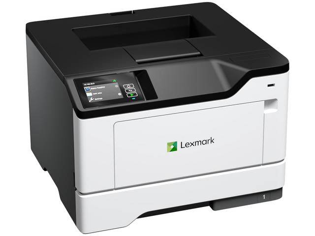 Una stampante Lexmark in bianco e nero con un display touchscreen che mostra le opzioni. La stampante ha un vassoio della carta e un logo sulla parte anteriore.