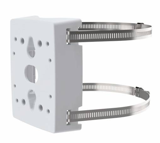 Un supporto di montaggio bianco con due cinghie metalliche regolabili per fissare oggetti a pali o superfici cilindriche.