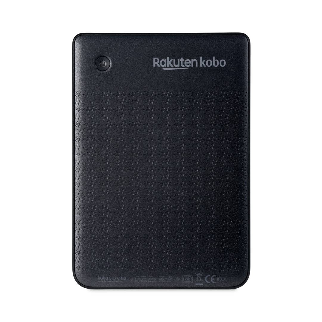 L'immagine mostra il retro di un lettore di e-book Rakuten Kobo nero. La sezione superiore è liscia mentre la parte inferiore presenta una presa strutturata.