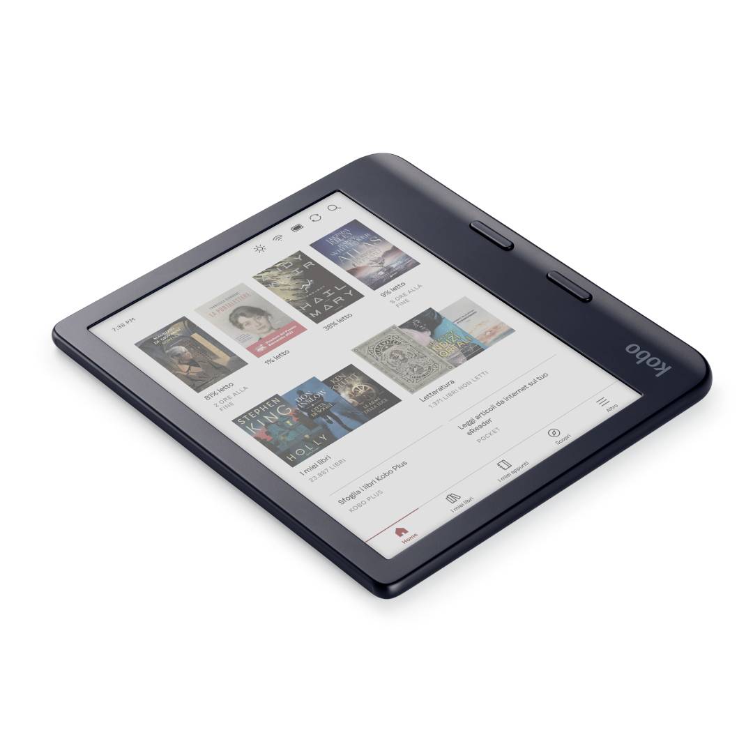 Un e-reader nero che visualizza una biblioteca di copertine di libri sullo schermo; l'interfaccia mostra varie icone di navigazione e impostazioni.