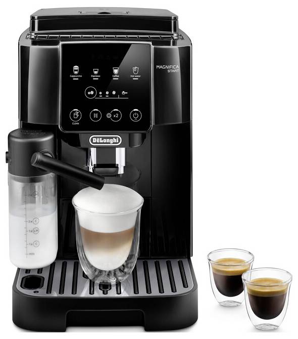 Una macchina da caffè espresso nera con schiumatore di latte prepara un cappuccino in un bicchiere. Due piccoli bicchieri pieni di espresso sono di lato.