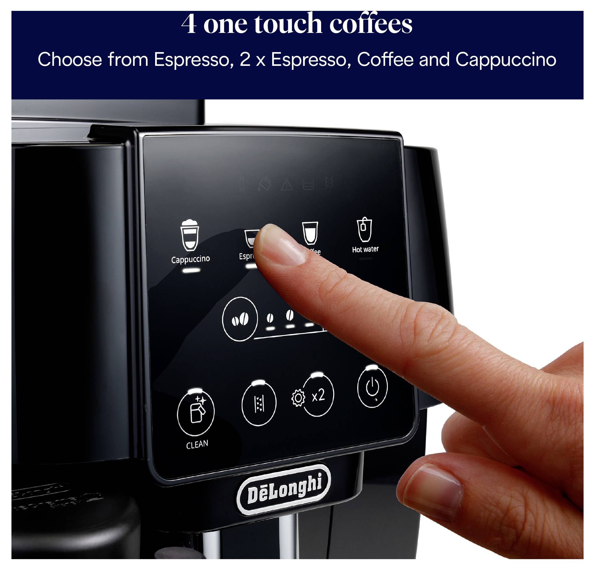 Una mano che preme l'opzione espresso su una macchina da caffè De'Longhi con pannello touch digitale. Il testo sopra recita: "4 caffè con un tocco: Scegli tra Espresso, 2 x Espresso, Caffè e Cappuccino."