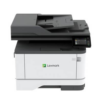 Stampante multifunzione Lexmark con touchscreen, con opzioni per stampa, copia e scansione, mostrata su sfondo bianco.