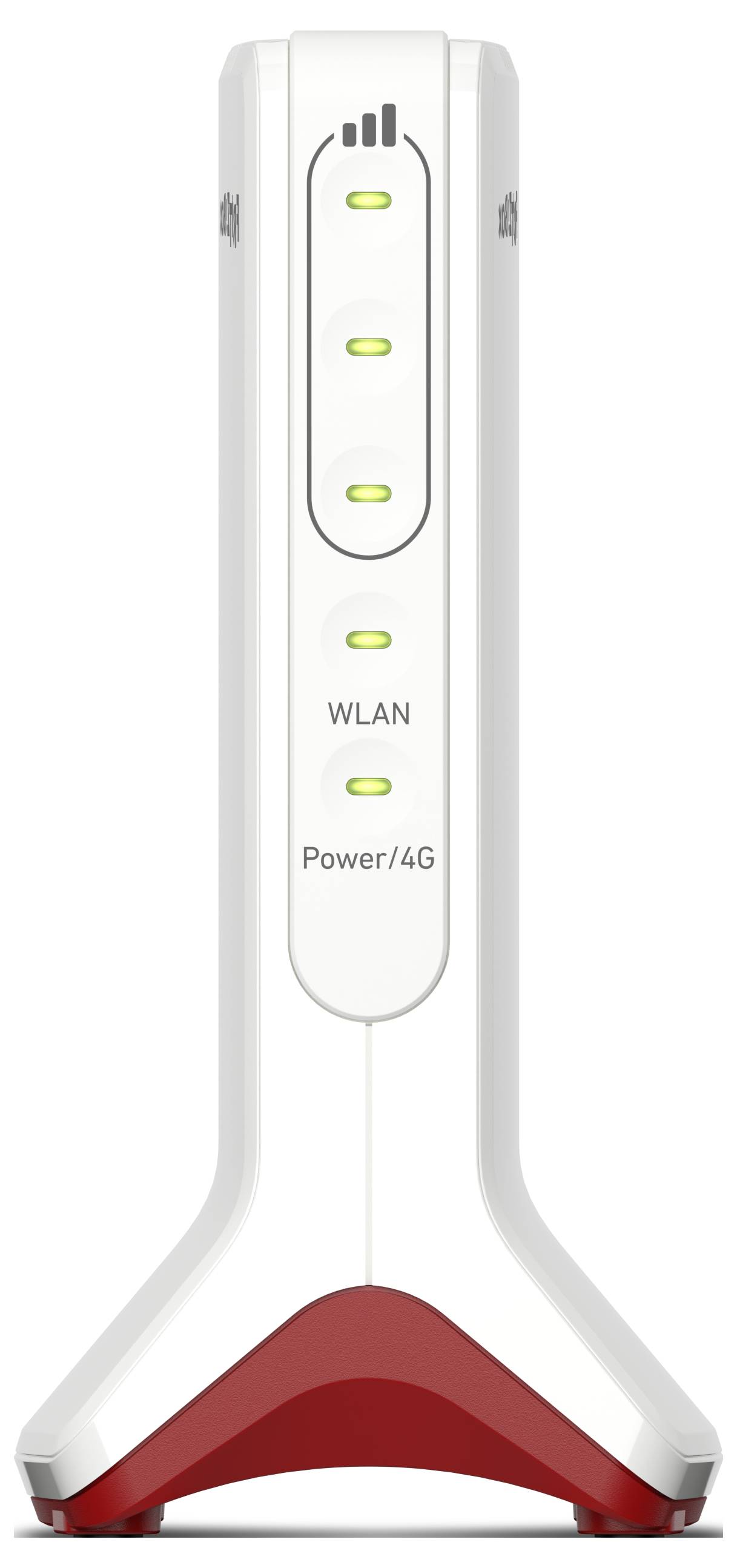'Router wireless bianco e rosso con quattro indicatori LED etichettati come forza del segnale, WLAN e Power/4G, tutti che brillano di verde.'