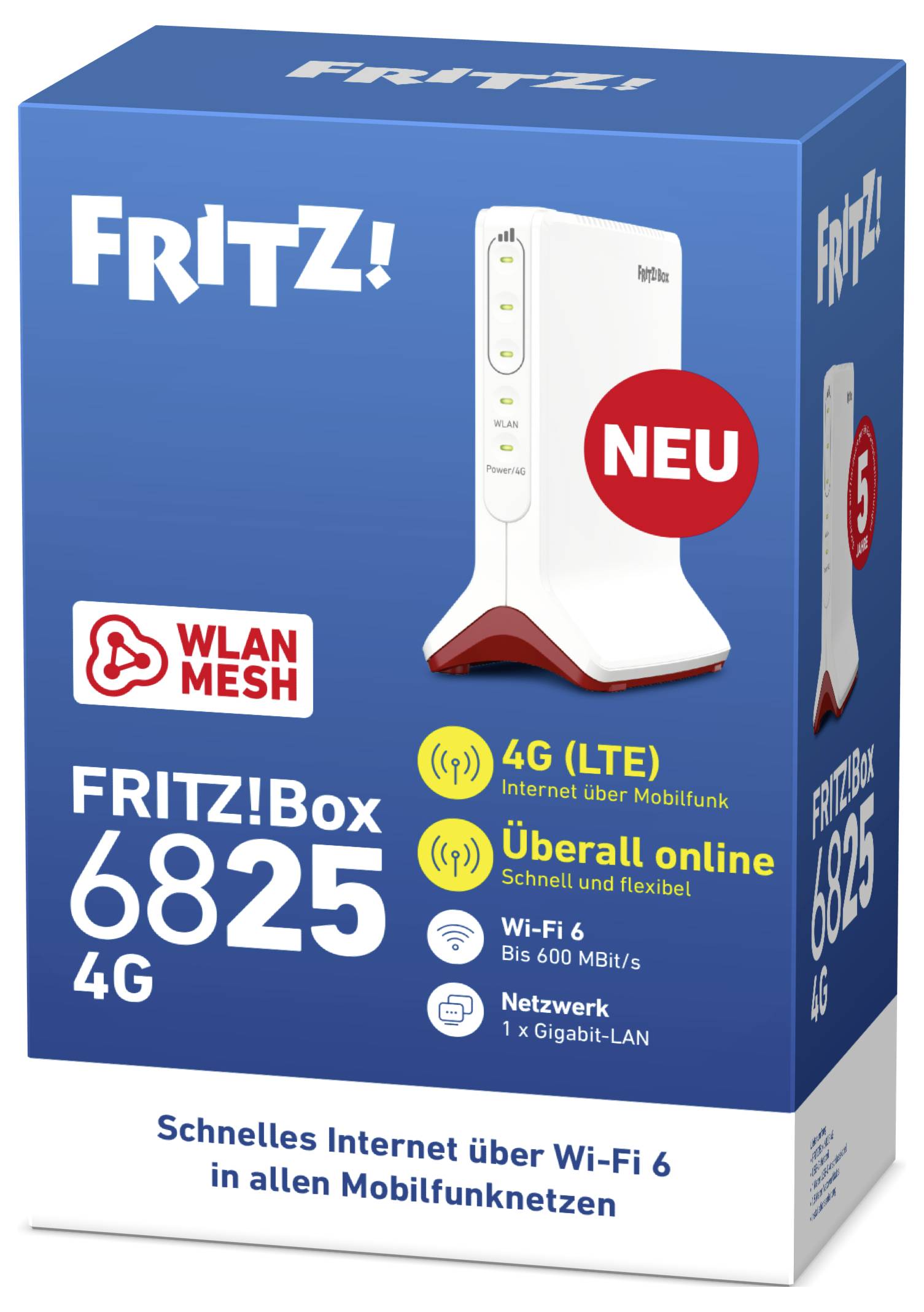 Confezione del router FRITZ!Box 6825 4G che mostra funzioni come 4G LTE, WLAN Mesh, Wi-Fi 6 e LAN a 1 Gigabit. Internet veloce ovunque.