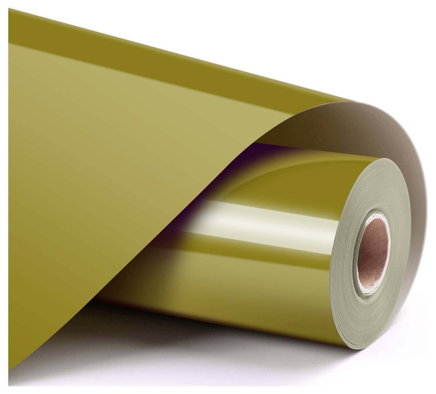 Un rotolo di pellicola in vinile lucido di colore giallo senape, parzialmente srotolato, che mostra la superficie lucida e riflettente e la forma cilindrica.