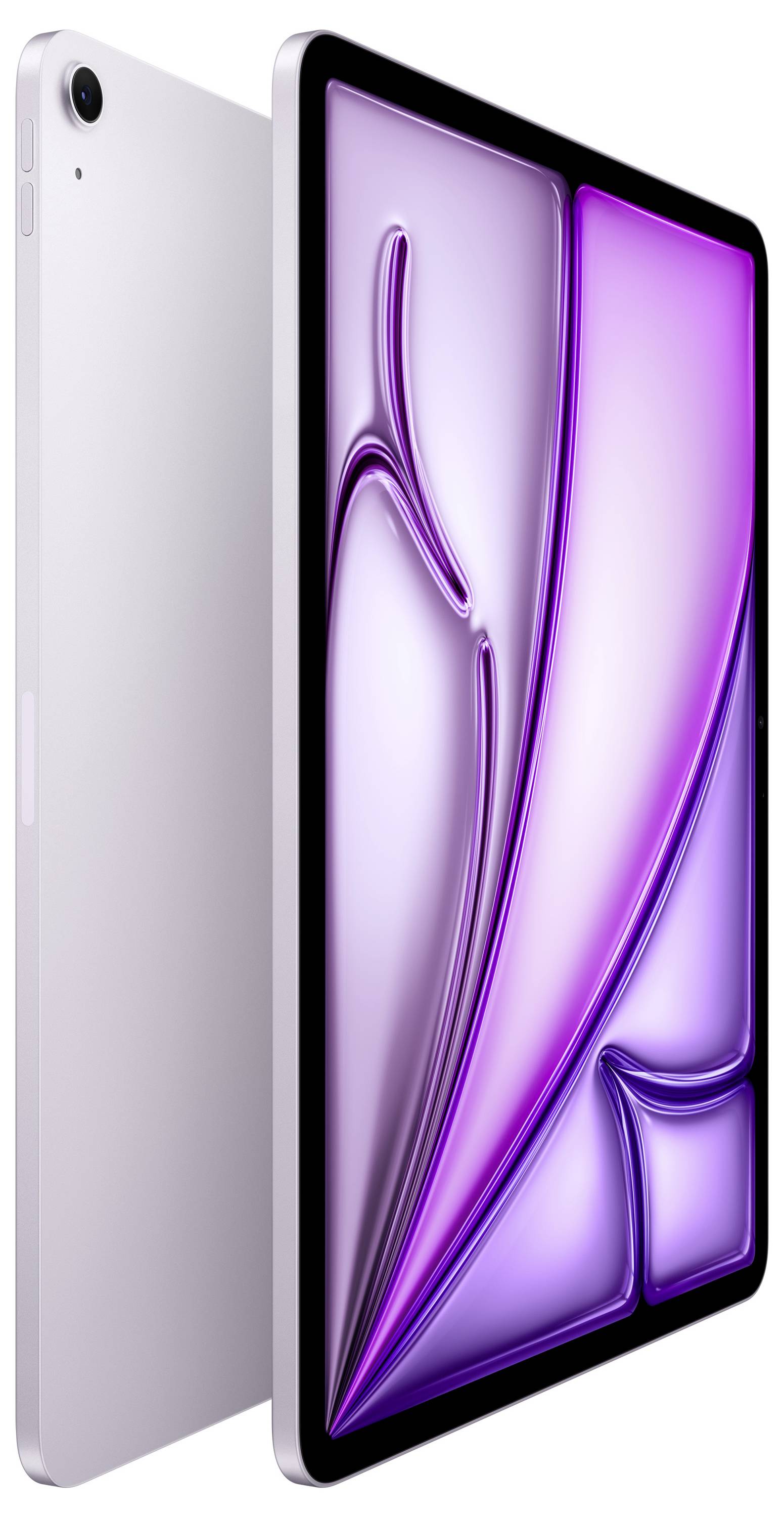 Un tablet dal design sottile e display con turbine astratte di colore viola, mostrato da entrambi gli angoli posteriore e anteriore.