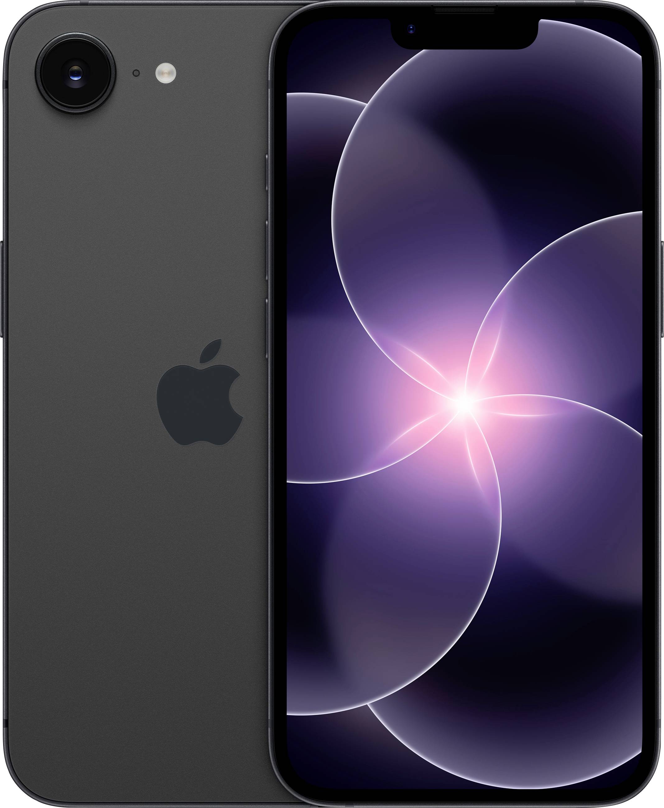Uno smartphone che visualizza uno sfondo astratto in viola e nero con motivi di luci circolari. Il dispositivo ha un design nero elegante e raffinato.
