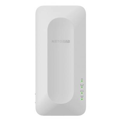 Un punto di accesso wireless NETGEAR bianco con spie luminose per l'alimentazione, la connettività e l'intensità del segnale sul lato.