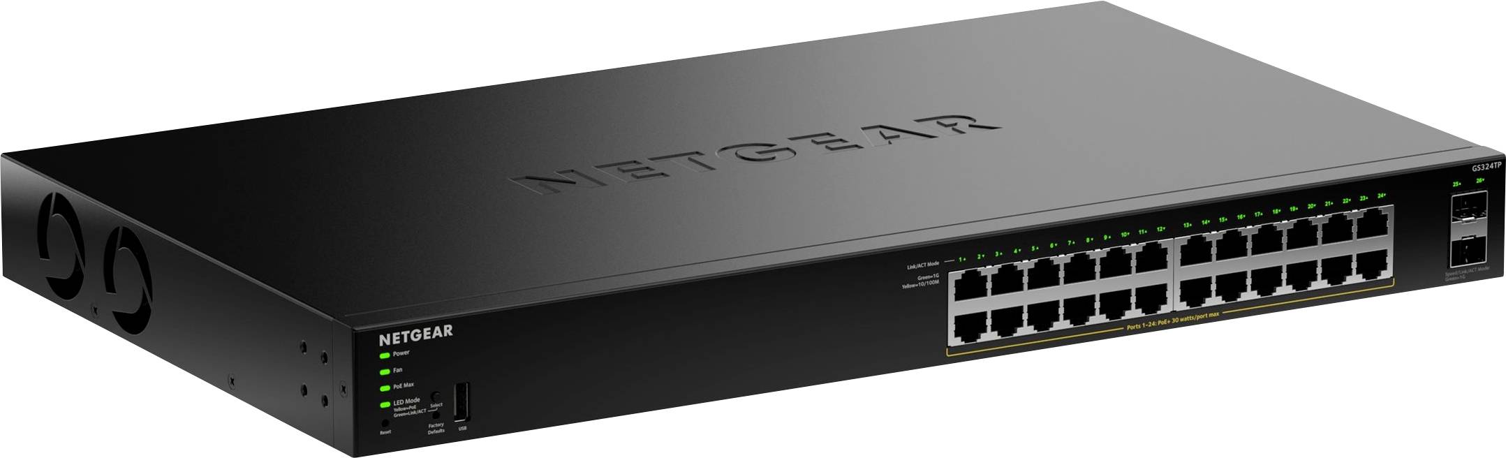 Uno switch di rete NETGEAR nero con più porte Ethernet e indicatori LED sul pannello frontale. Adatto per il montaggio a rack.