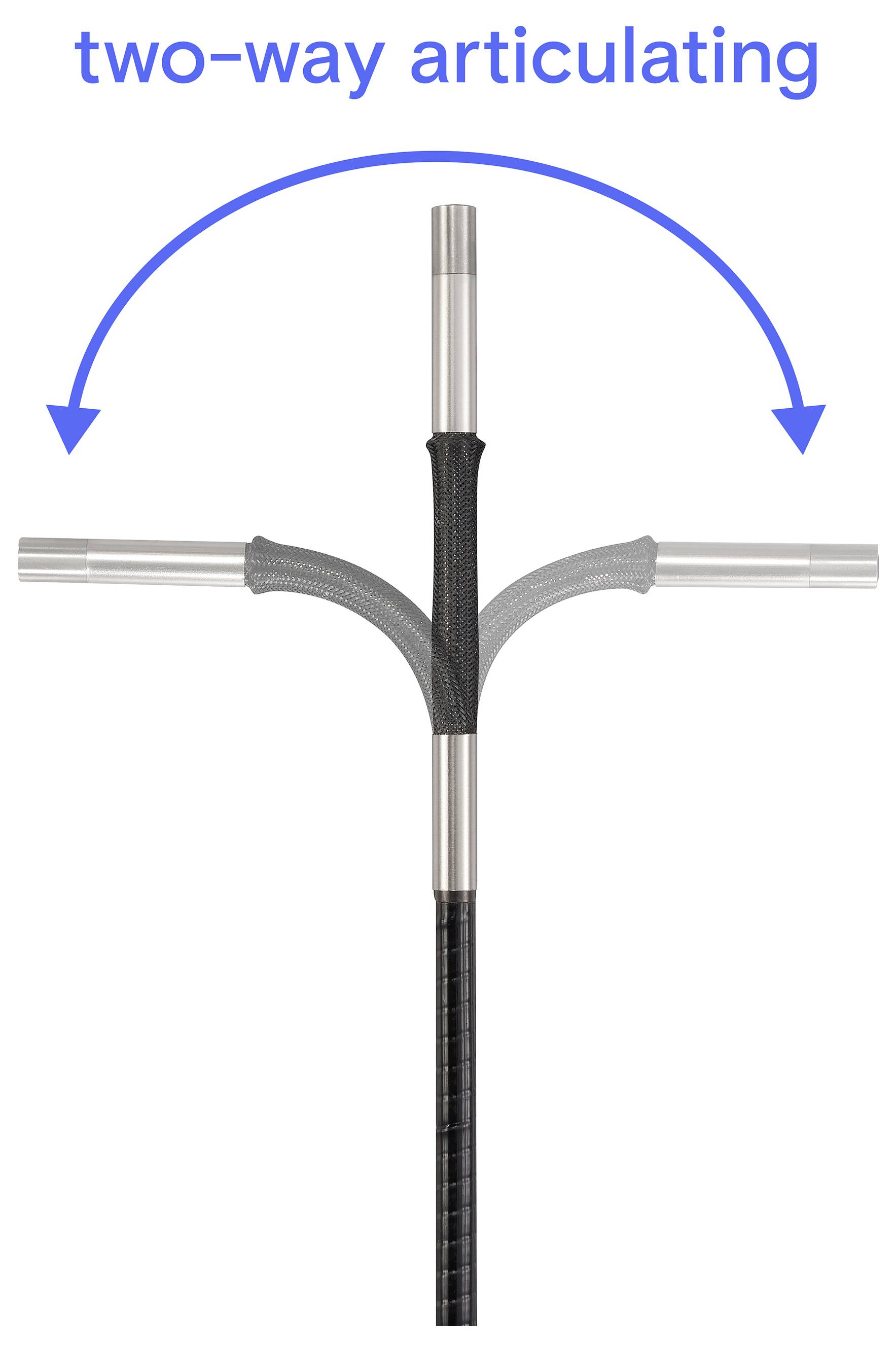 Illustrazione di un manico articolato bidirezionale che mostra un albero centrale con impugnature laterali che si piegano a sinistra e a destra, indicate da frecce curve e dalla scritta "articolato bidirezionale".
