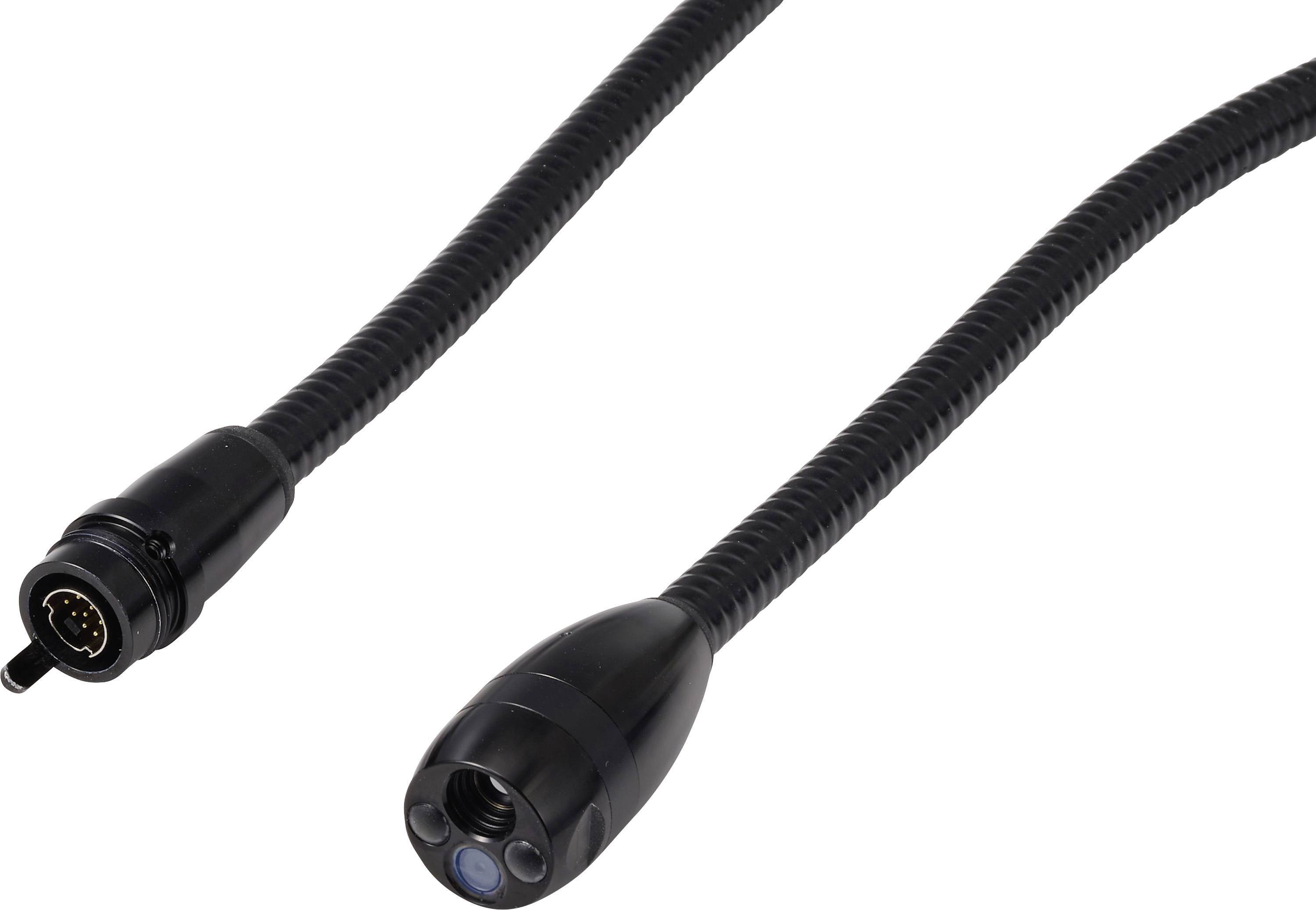 Cavo flessibile di colore nero simile a un endoscopio con due estremità di connettore circolare su sfondo bianco.