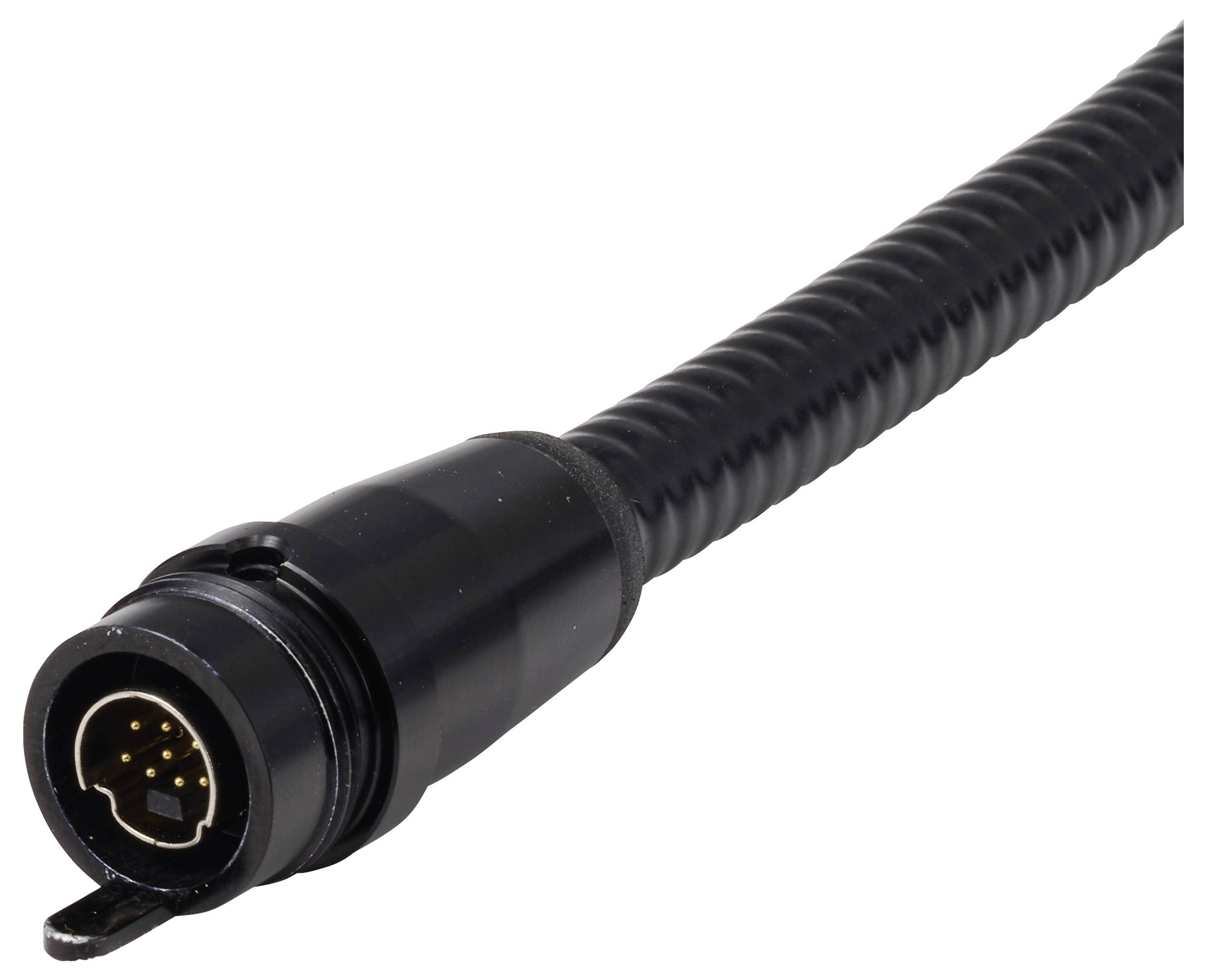 Connettore elettrico circolare nero multi-pin con cavo protettivo a nervature su sfondo bianco.