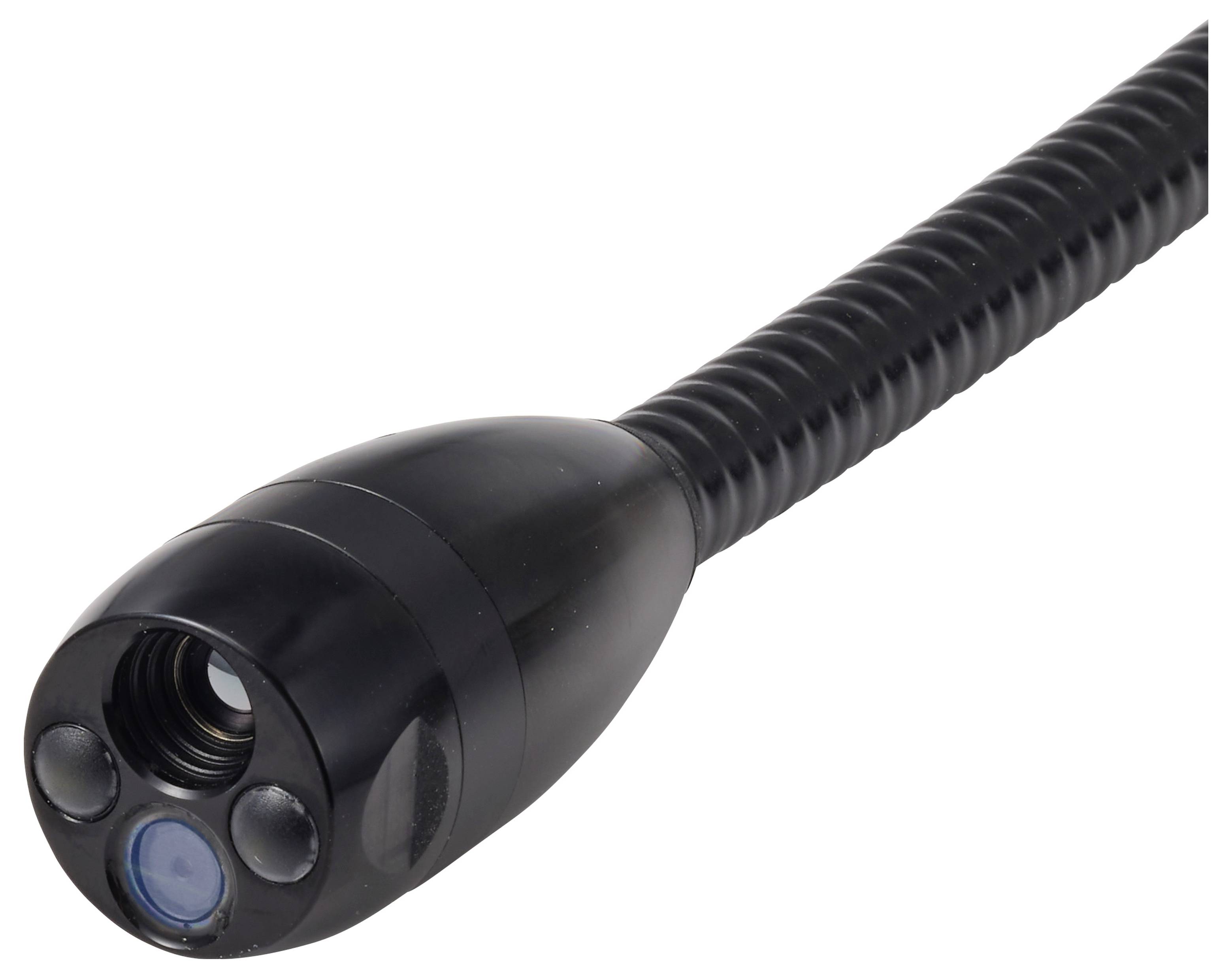 Sonda flessibile per fotocamera di ispezione nera con punta della lente arrotondata e piccole luci integrate su sfondo bianco