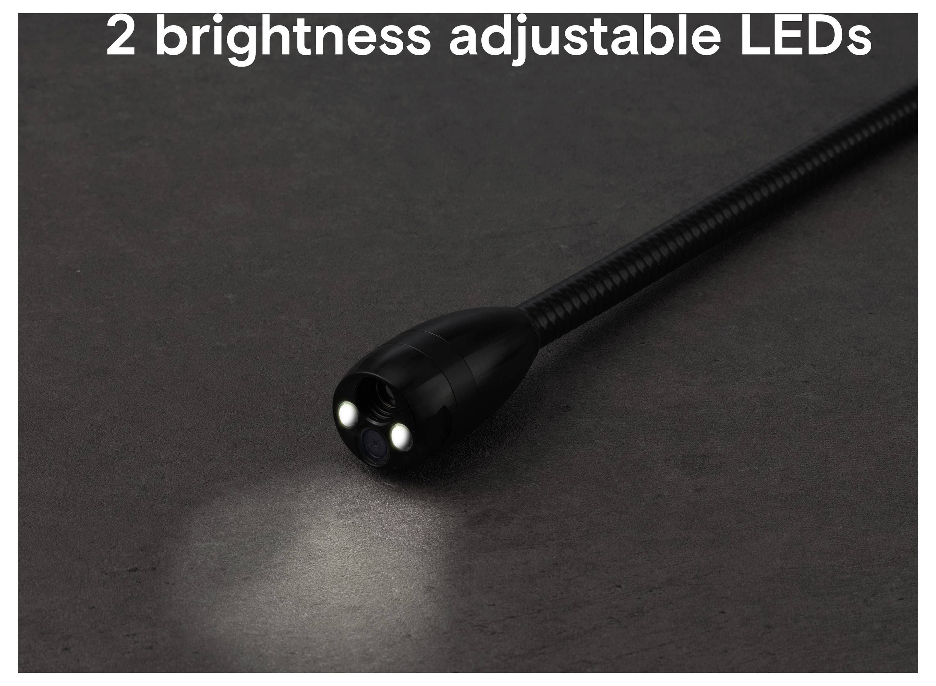 Lampada flessibile con collo d'oca e due LED regolabili che illuminano una superficie scura; il testo dice "2 LED con luminosità regolabile".