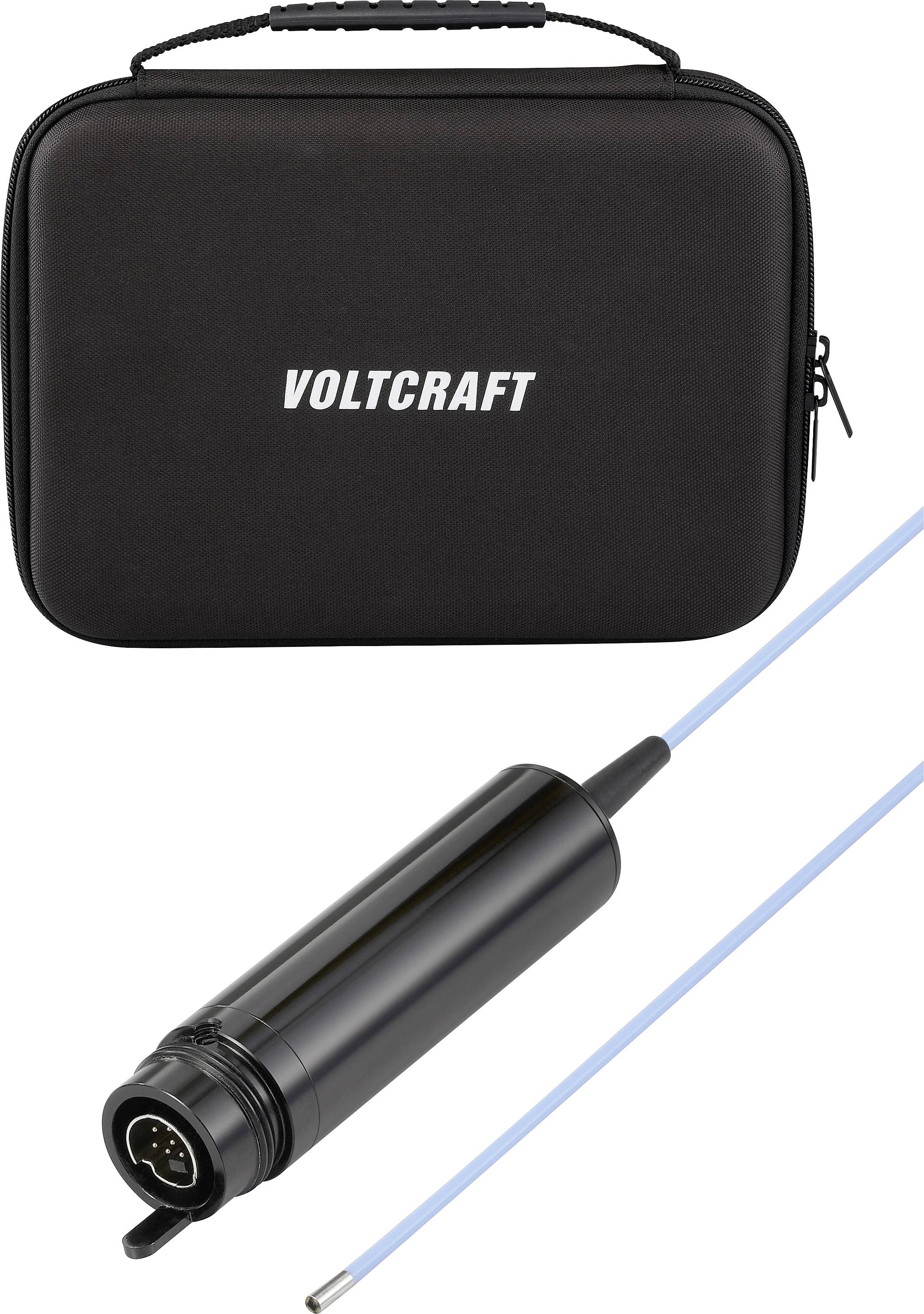 Custodia portabile VOLTCRAFT nera e un connettore cavo cilindrico con cavo blu collegato su sfondo bianco.