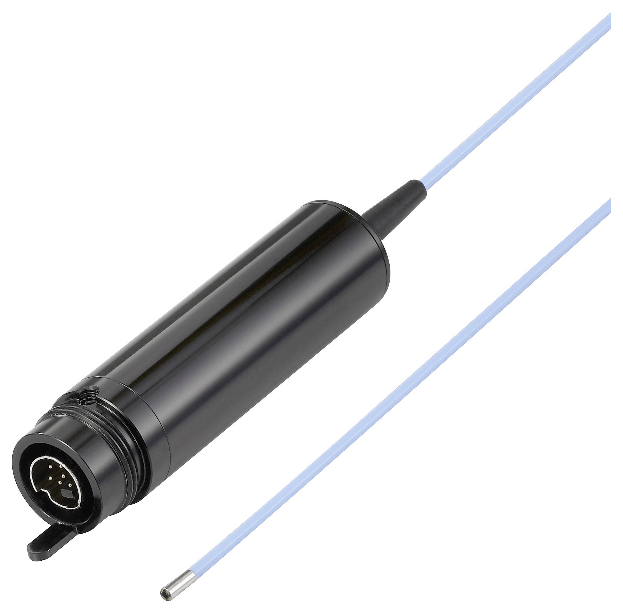 Sonda cilindrica nera con cavo blu collegato e punta sensore in metallo, isolata su sfondo bianco.