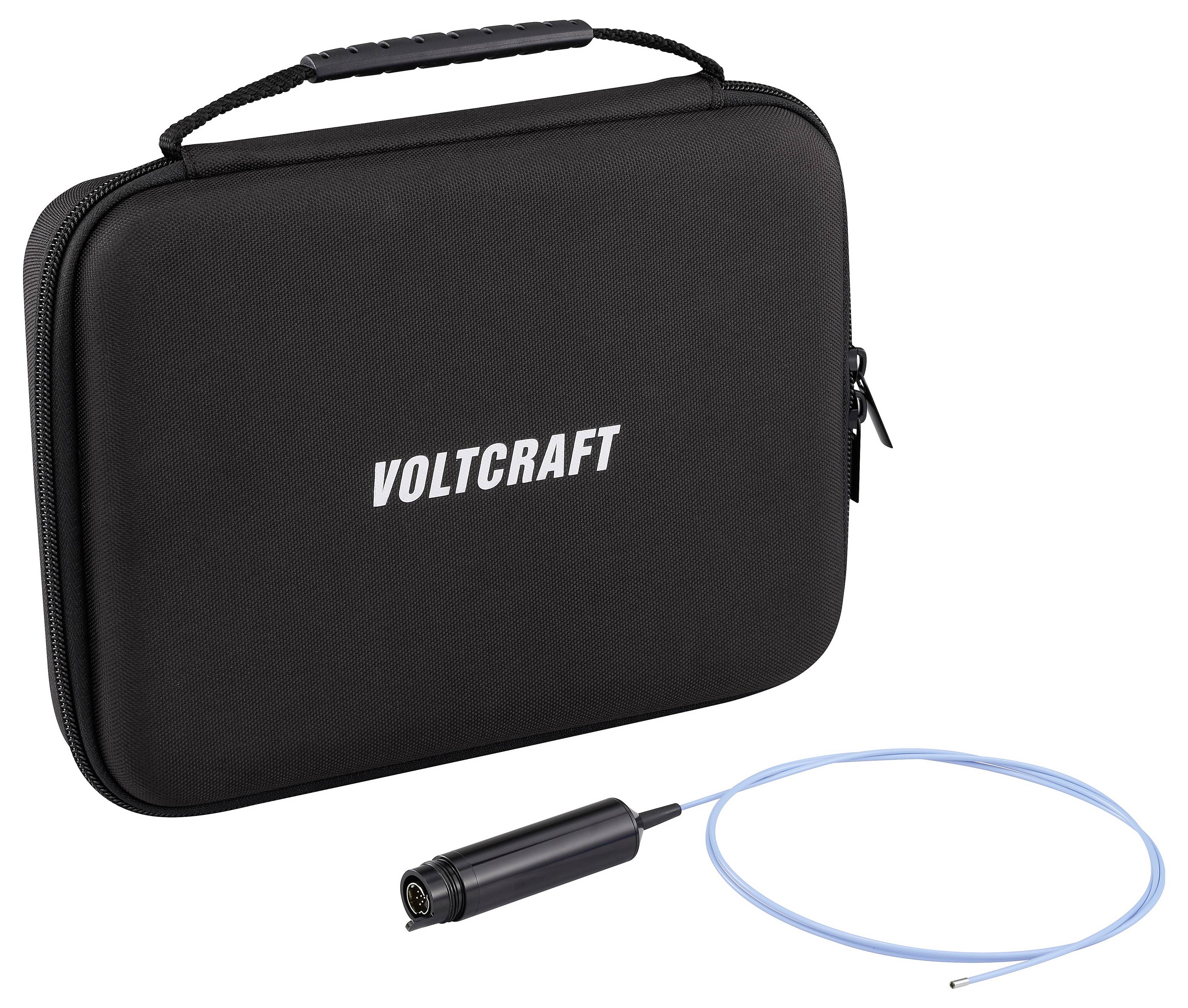 Custodia nera VOLTCRAFT con maniglia, mostrata con un piccolo connettore cilindrico e cavo blu collegato su sfondo bianco.